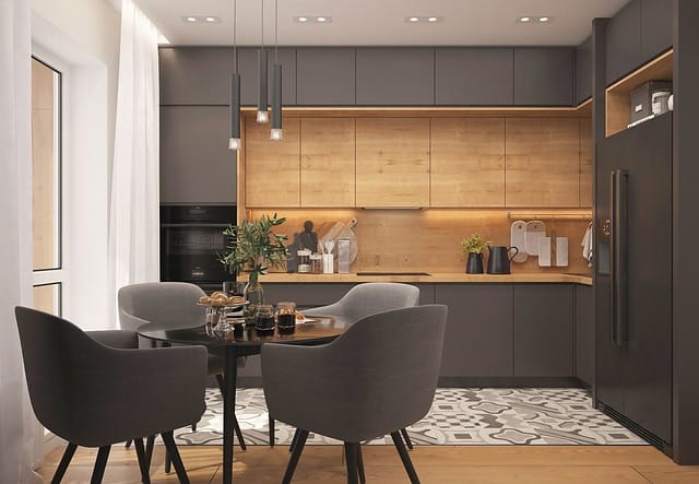 Wooden finish modular kitchen with tall unit – what is modular kitchen