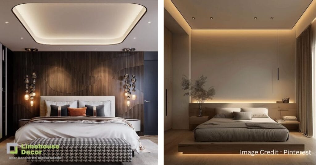 Simple false ceiling design with cove lights in bedroom