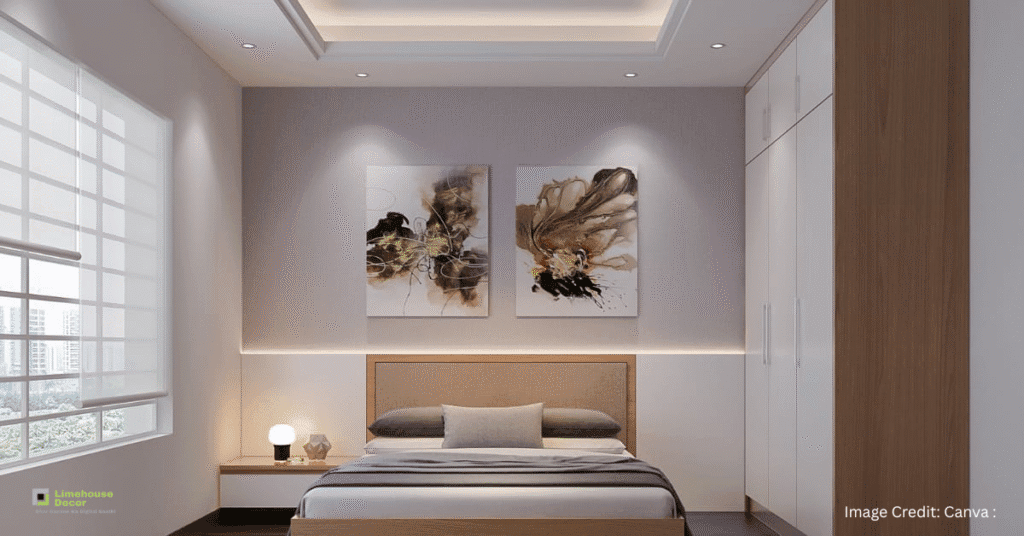 Peaceful bedroom with Light Beige and white walls
