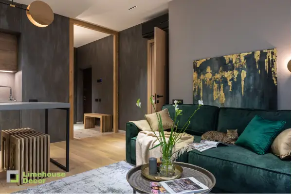 Filmy glam home decor setup featuring velvet furniture and ambient lighting inspired by Housefull 5