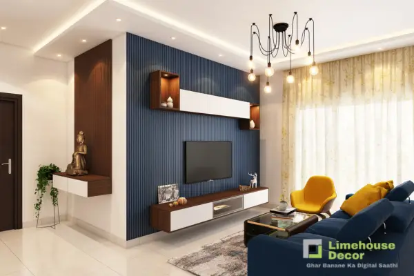 Housefull 5 style home interior with luxurious pop-art wall frames and sunburst mirror