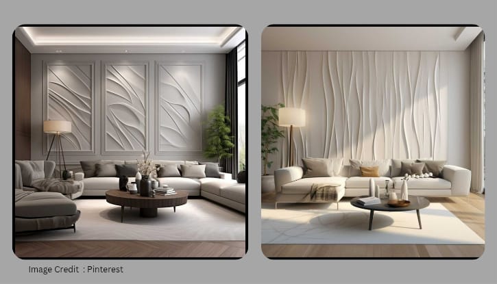 3D wall panel design with warm lighting in drawing room