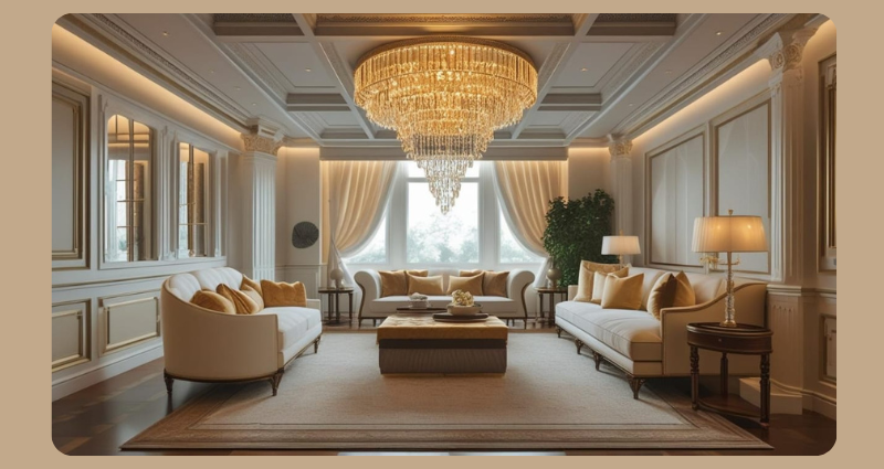 Luxury false ceiling with chandelier in a villa living room