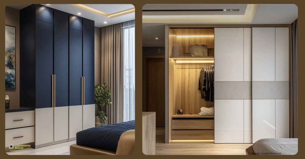 Sliding door wardrobe in a small Indian bedroom