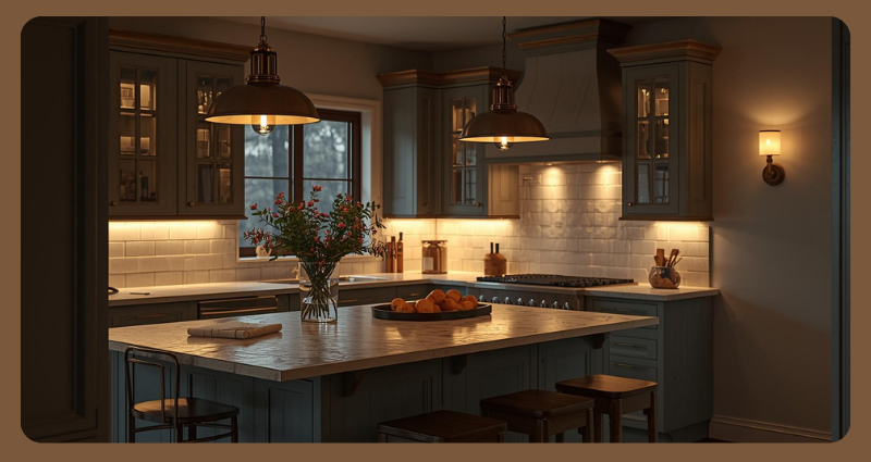 Cottage Kitchen pendant lights with under-cabinet LED for a cozy home