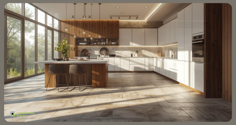 Kitchen flooring with elegant ceramic tiles design.