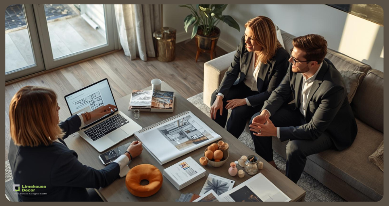 Interior designer discussing custom home design plans with clients