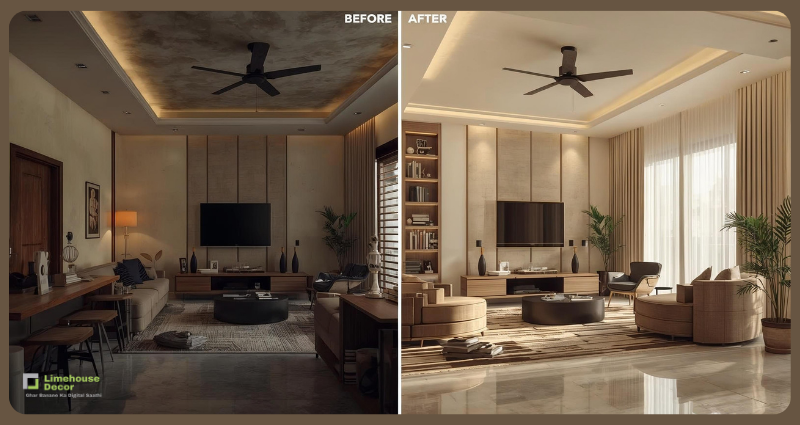 Before and after living room old flat renovation in India