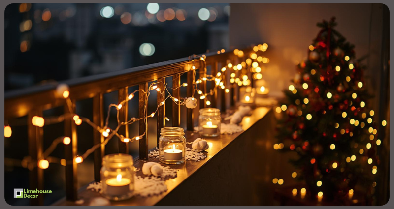 Christmas balcony decor with warm fairy lights and tea-light jars on a low budget