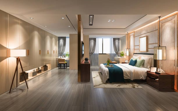 Contemporary bedroom with soft lighting and modern furniture by Limehouse Decor