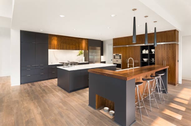 Modular kitchen interior with wood finish and storage design by Limehouse Decor