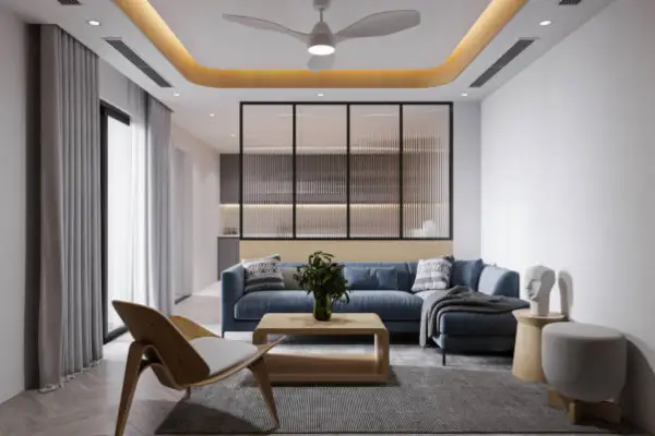 Modern living room interior with ceiling design and wooden furniture by Limehouse Decor, India