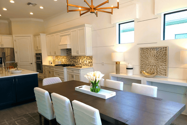 Matte-finished white oak dining table set for dinner