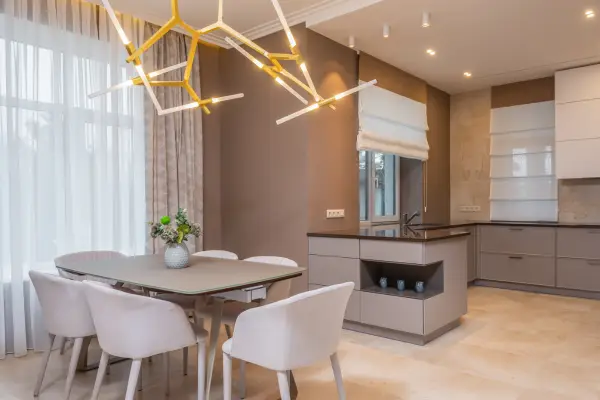 White oak dining table with rounded edges and soft lighting