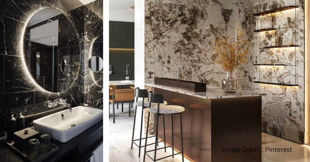 PVC marble panel used in stylish kitchen backsplash design