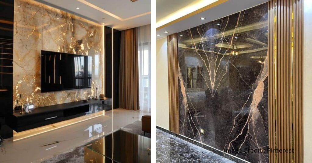 Modern Indian living room with white PVC marble wall panels