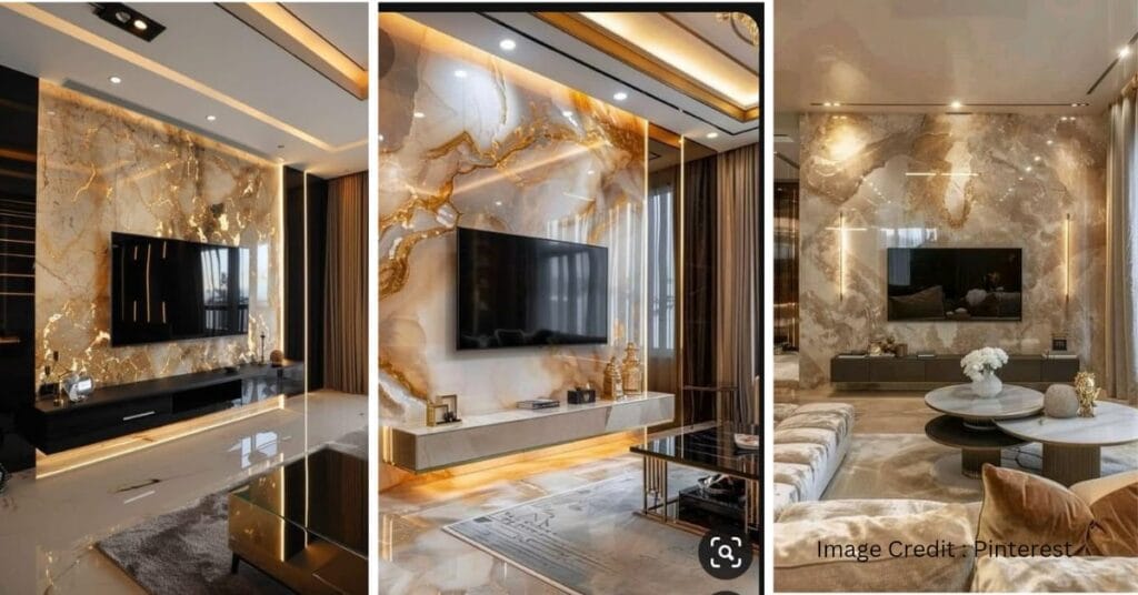 Living room with PVC marble panel wall