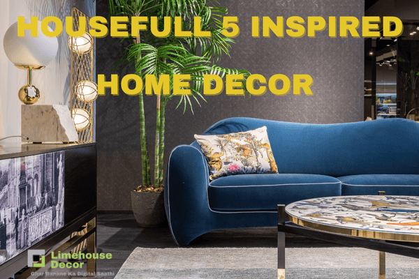 Royal blue velvet sofa and golden chandelier in a Bollywood-inspired glam living room decor