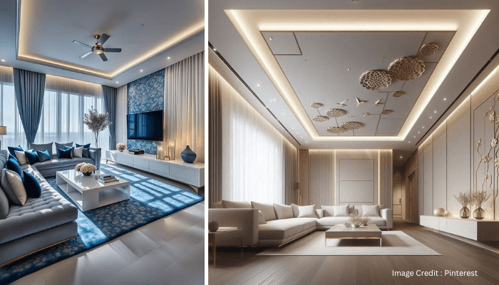 POP false ceiling design with LED lighting for Indian hall