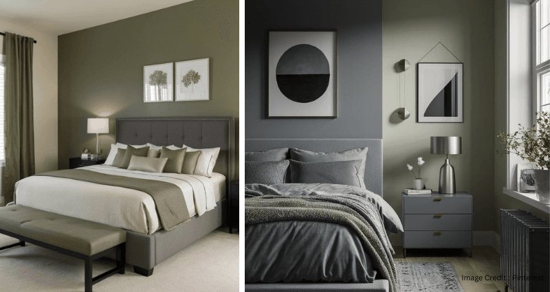 Modern bedroom with olive green and beige walls
