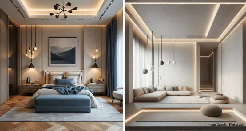 Tray ceiling with cove lighting in apartment bedroom