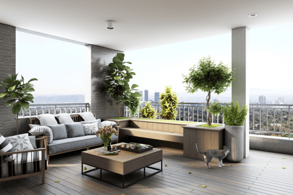 Home Decor for balcony with wooden flooring, folding table, and potted plants