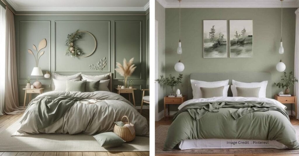 Bedroom colour trend 2025 – Sage green and off-white combo
