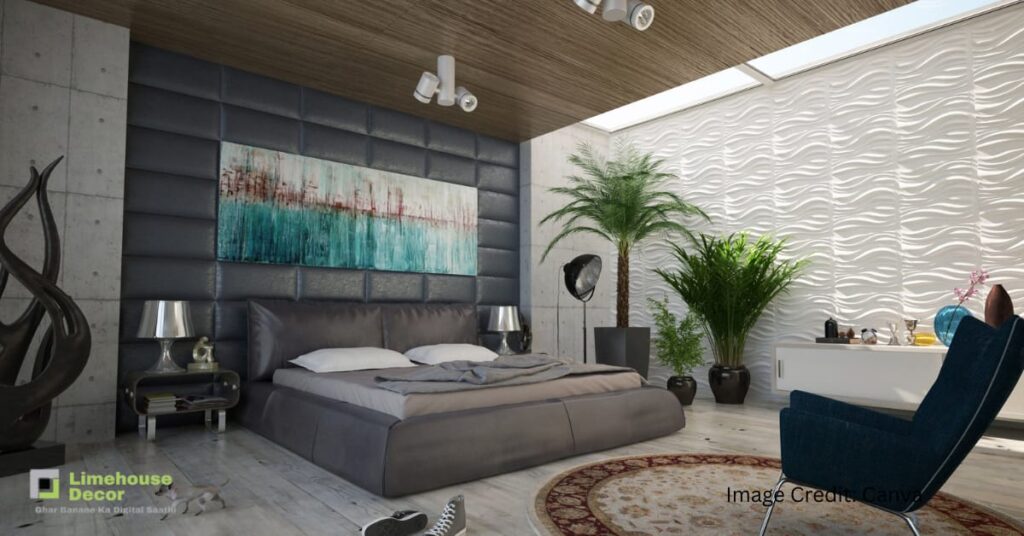 Modern bedroom with textured wooden accent wall