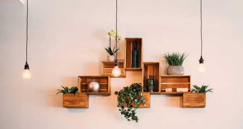 Color block painted bedroom wall with minimal furniture