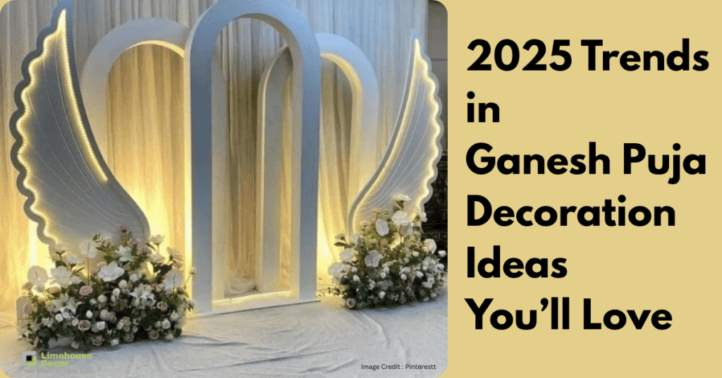 Modern Ganpati mandap with LED lights and paper art – 2025 trends