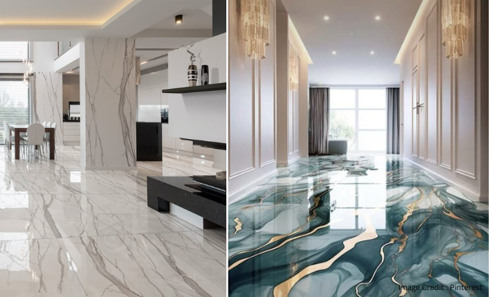 Side-by-side comparison of epoxy floor paint and ceramic tiles