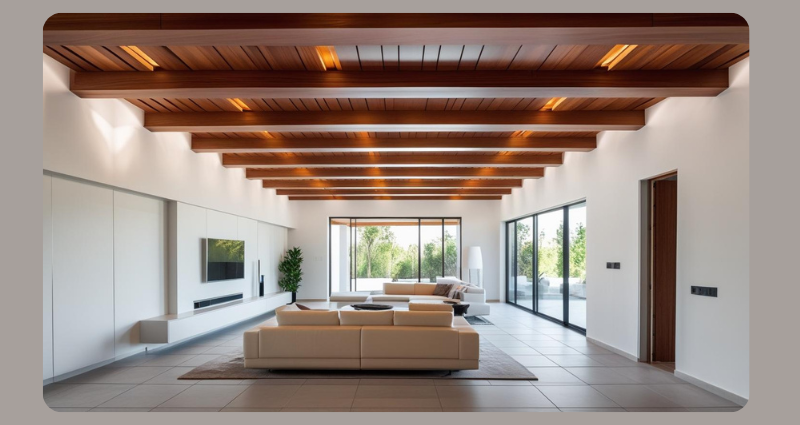 Wooden beam false ceiling in modern living room