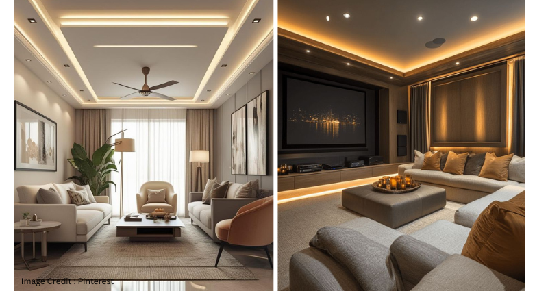Simple POP false ceiling living room with LED cove lights