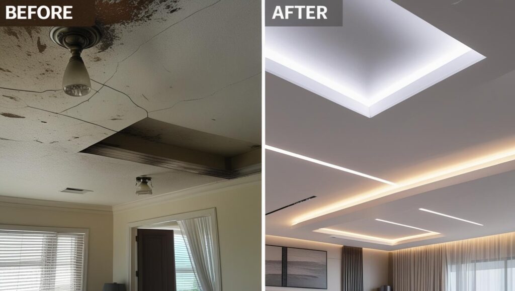 Before-and-after living room false ceiling makeover