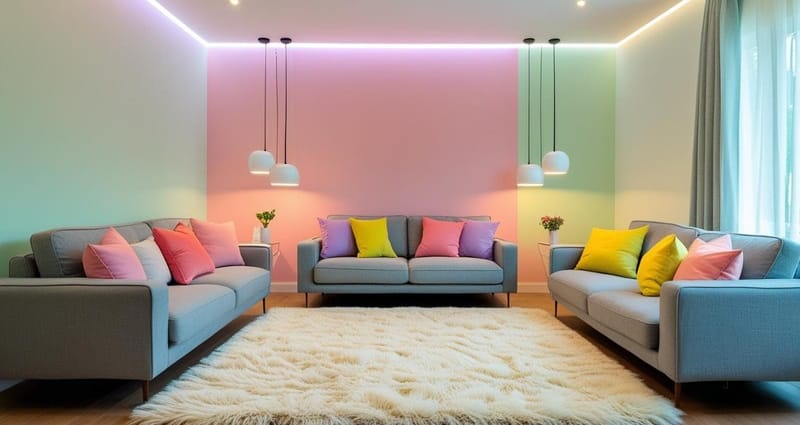 Same room after makeover with pastel walls, LED strip lighting, pendant lights, and bright cushions.