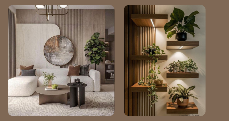 Modern small living room with mirror and wallpaper wall decor