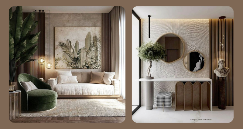 Accent wall with ethnic wallpaper in Indian apartment