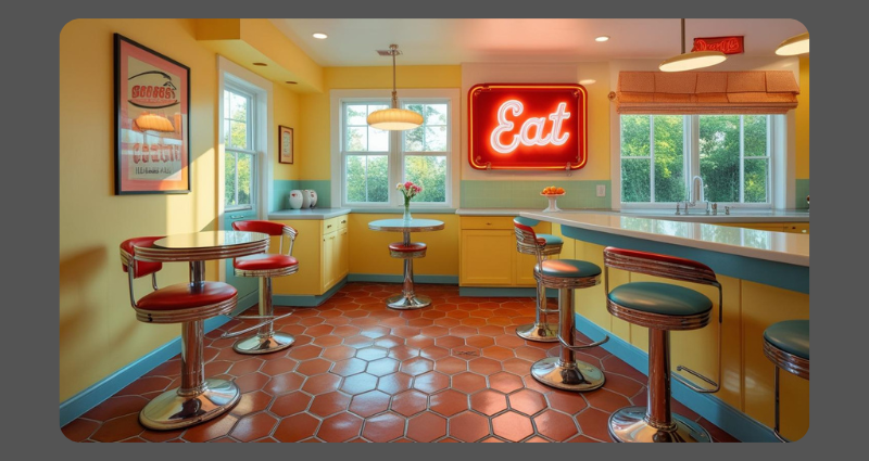 Open retro kitchen with diner-style bar seating and patterned floor tiles.