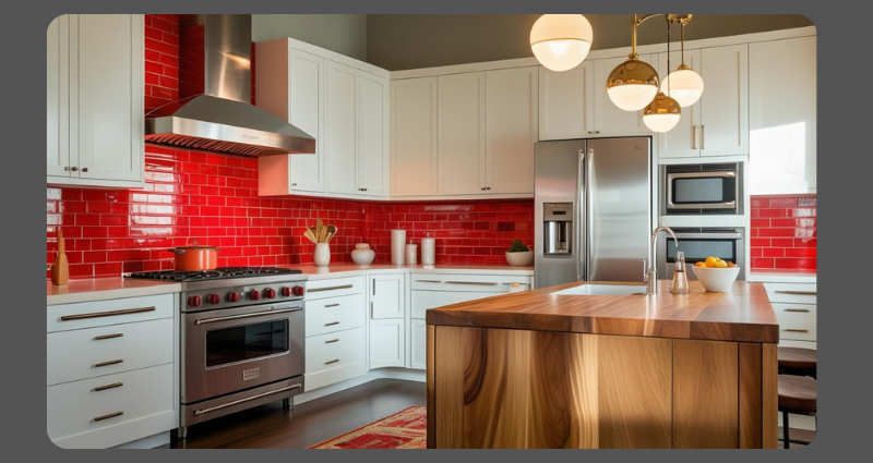 Fusion retro kitchen design combining modern cabinets with bold vintage elements.