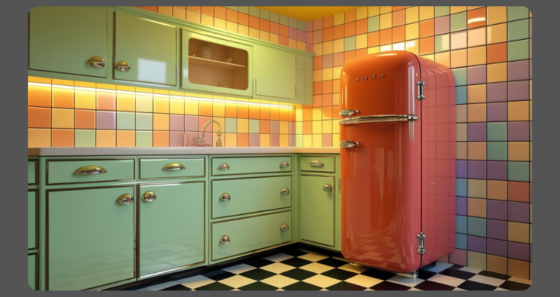 Mint green and red retro kitchen with checkerboard flooring and vintage decor.