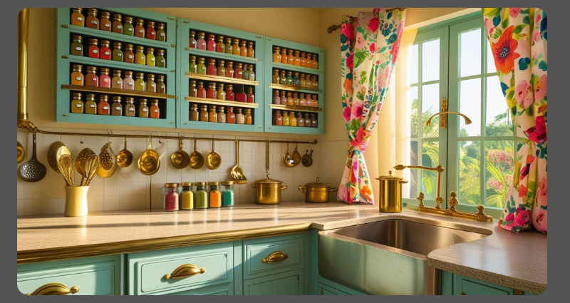 Retro kitchen in a compact Indian flat with vintage blue cabinets and brass accents.