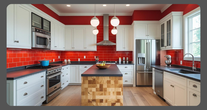 Fusion retro kitchen design combining modern cabinets with bold Colorful vintage elements
