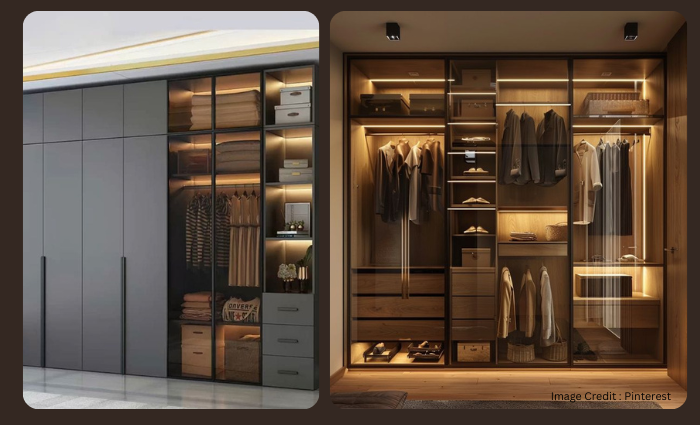 Loft cupboard matching wardrobe finish in compact room