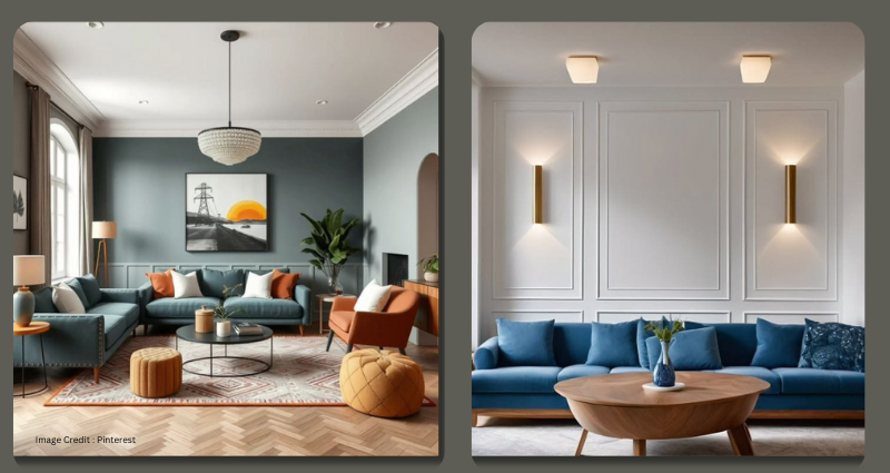 modern living room with accent wall and warm lighting