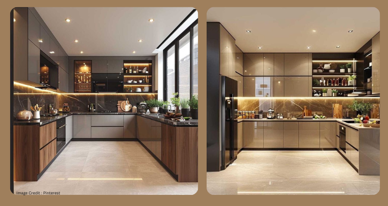 Elegant closed kitchen with warm ambient lighting and clutter-free countertops
