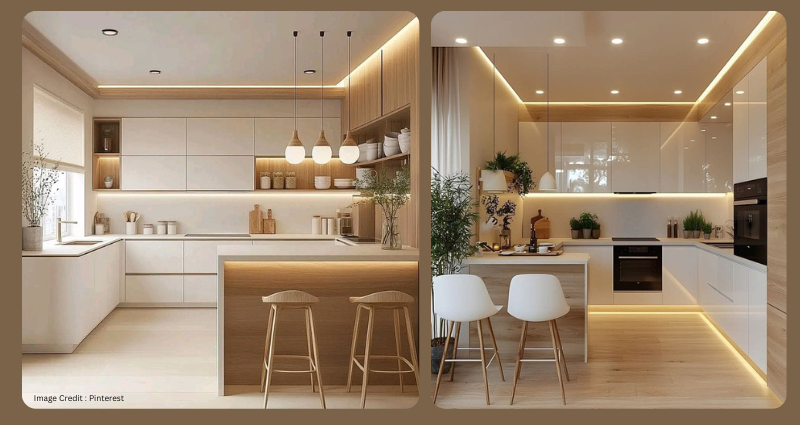 Closed kitchen with white and wooden cabinets, granite countertop, and chimney