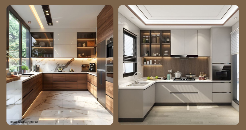 Parallel closed kitchen with quartz countertop, modular cabinets, and chimney.