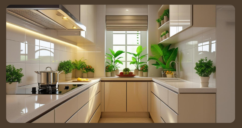 U-shaped closed kitchen with wooden and white cabinets, black granite countertop, and modern appliances.