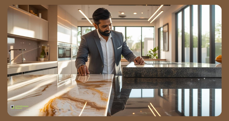 Indian homeowner choosing  countertops between  quartz and granite 
