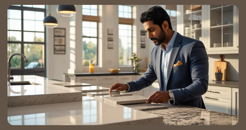 homeowner choosing between quartz and granite countertops – interior design tips